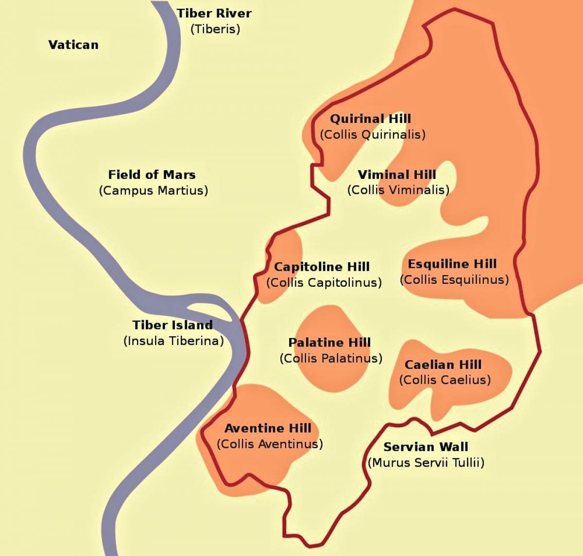 Kaart van de heuvels van Rome 