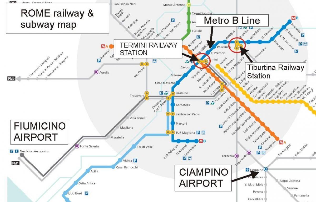 kaart van Rome luchthaven en het treinstation
